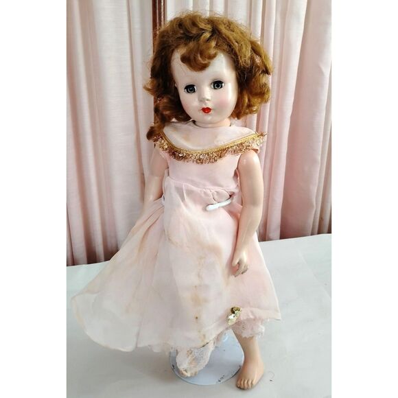 Vintage 1950s 17" Hard Plastic Sleep Eye Doll w/ Red Hair & Pink Dress - Picture 1 of 5